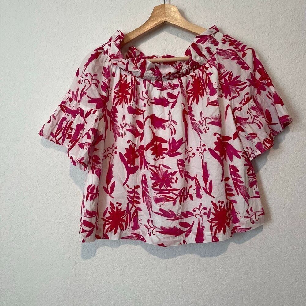 Brooke Wright Pink Red Floral Short Flare Sleeve Blouse Women's Size XS/Small